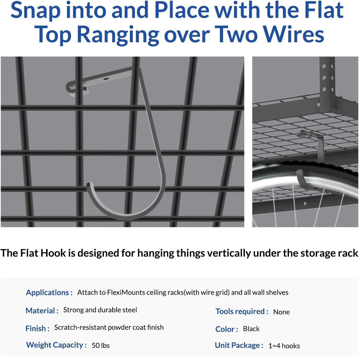 FLEXIMOUNTS 4 Pack Add On Storage Flat Hook Accessory for Garage Ceiling Rack and Wall Shelving, Max Weight Capacity up to 50lbs, Black