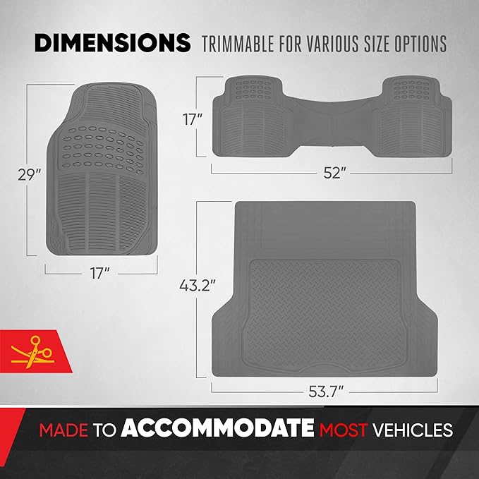 BDKProLiner Gray All Weather Rubber Auto Floor Mats & Cargo Liner - Heavy Duty 4pc Set - CB783