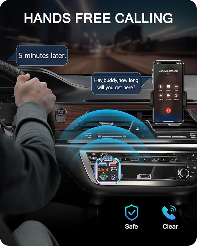 LENCENT Bluetooth 5.3 FM Transmitter, Wireless Radio Adapter Car Kit with Type-C PD 30W+ QC3.0 Fast USB Charger, Hands-Free Calling, Audio Stereo Mp3 Player Receiver, Supports U Disk, Color Light
