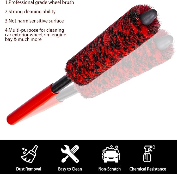 Metal Free Soft Wheel Cleaner Brush, Synthetic Wool Car Cleaning Brush, Highly Water Absorption, Dense and Durable Tire Brush for Cleaning Wheels, Rims, Spokes, Fenders, Engines…