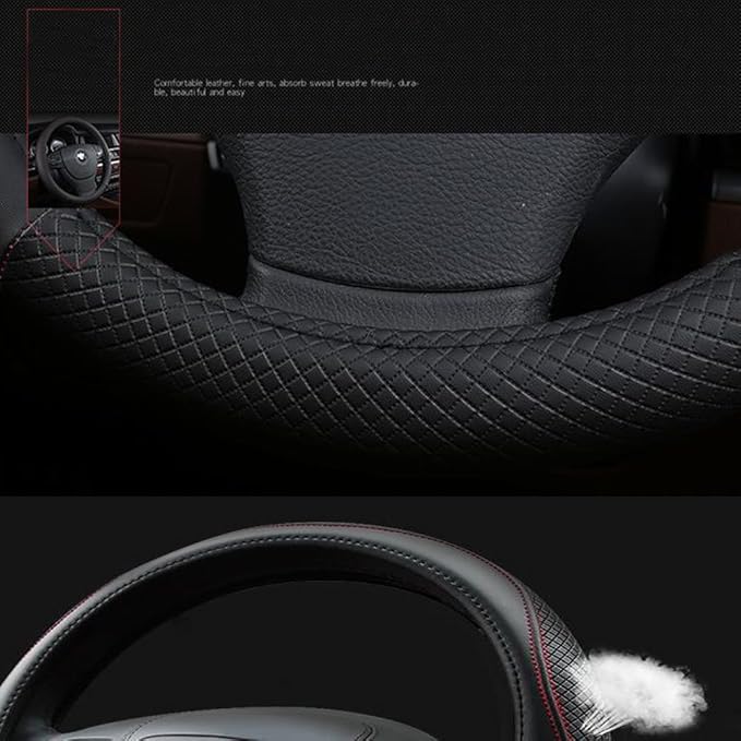 SHIAWASENA Car Steering Wheel Cover, Leather, Universal 15 Inch Fit, Anti-Slip & Odor-Free (Black)