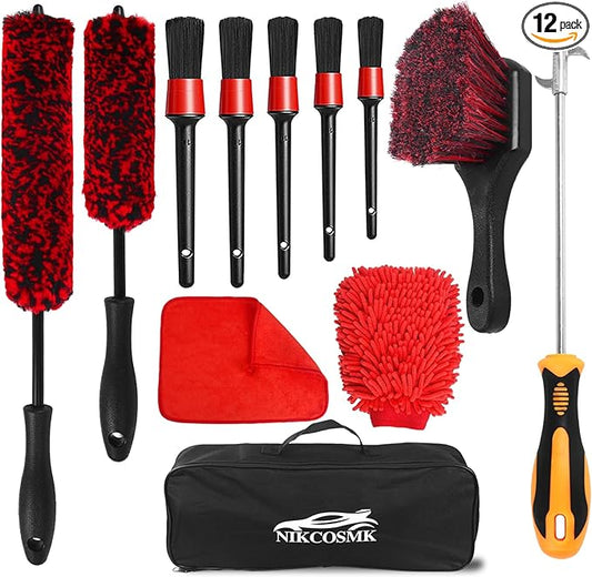 12Pcs Wheel Brush Kit for Cleaning Wheel and Tire, Wheel and Rim Brush, Car Detailing Brushes, Tire Brush, Bendable & Durable Car Wheel Rim Cleaner Brush Set,Car Detailing Cleaning Brush Supplies Kit