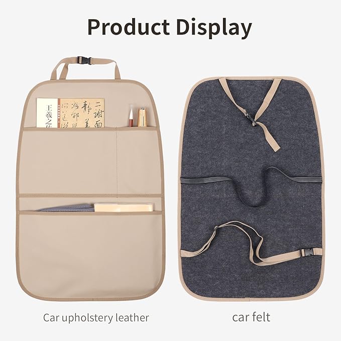 Kick Mat Back Seat Protector Waterproof Leather Car Seat Back Organizers Cover with 3 Storage Pockets for Kids Pets SUV Sedan Minivan Truck Car Travel Accessories (Beige 2-Pack)