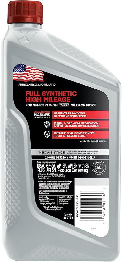 Valvoline Full Synthetic High Mileage with MaxLife Technology 5W-20 Motor Oil 1 Quart