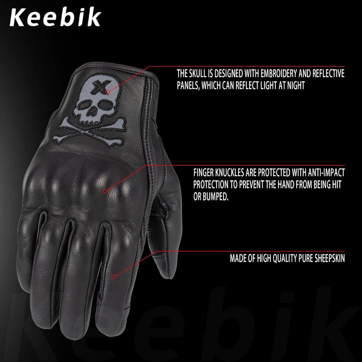 Goatskin Leather Motorcycle Motorbike Powersports Racing Gloves Reflective Skull Touchscreen for Men and Women Model