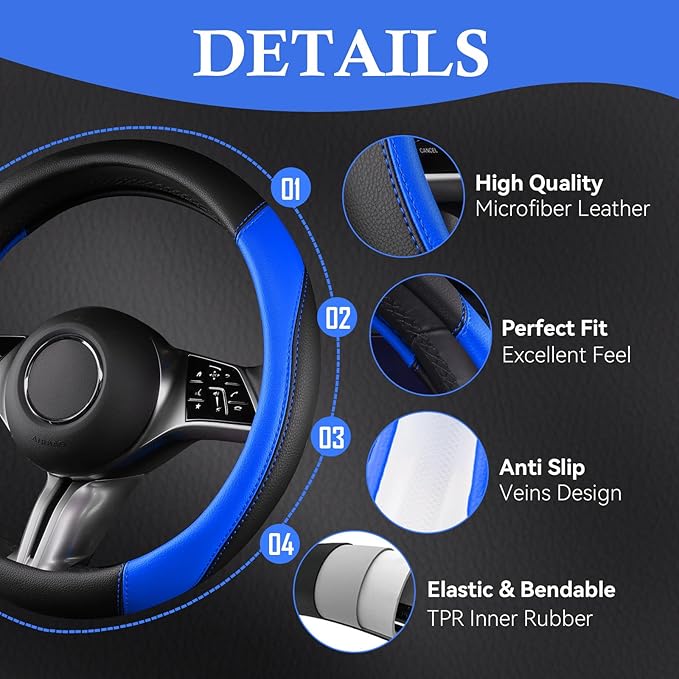 CAR PASS Faux Leather Steering Wheel Cover and Waterproof Car Floor Mats,Universal Car Combo Fit for 95% Sedan,SUV,Cars,14.5-15inch Sporty Anti-Slip Safety Comfortable Design(Black＆Bule)