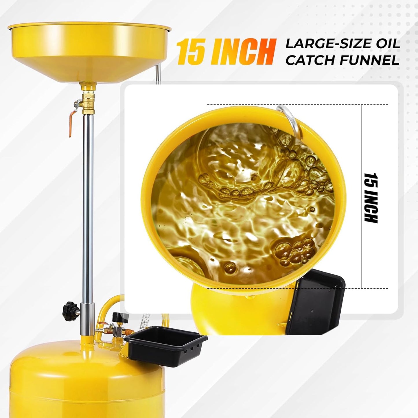 20 Gallon Waste Oil Drain Tank Portable Air Operated Oil Drainer with Adjustable Funnel Height 38-65 Inches 15 Inch Funnel Fluid Fuel Transfer Drain Container with 360 Degree Wheels and Toolbox Yellow