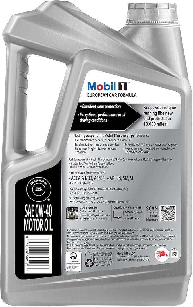 Mobil 1 Full Synthetic Motor Oil, 0W-40 | European Car Formula | 5 Quart | Pack of 2