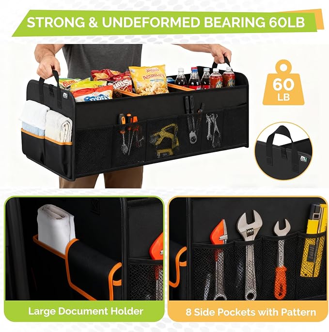 MIU COLOR Trunk Organizer for SUV, Collapsible Trunk Organizer for Car, Non-Slip Bottom, Storage Organizer for Sedans, Van, Jeep, Grocery, Large 4 Compartments, Black Mixed Orange 32"×13"×12"