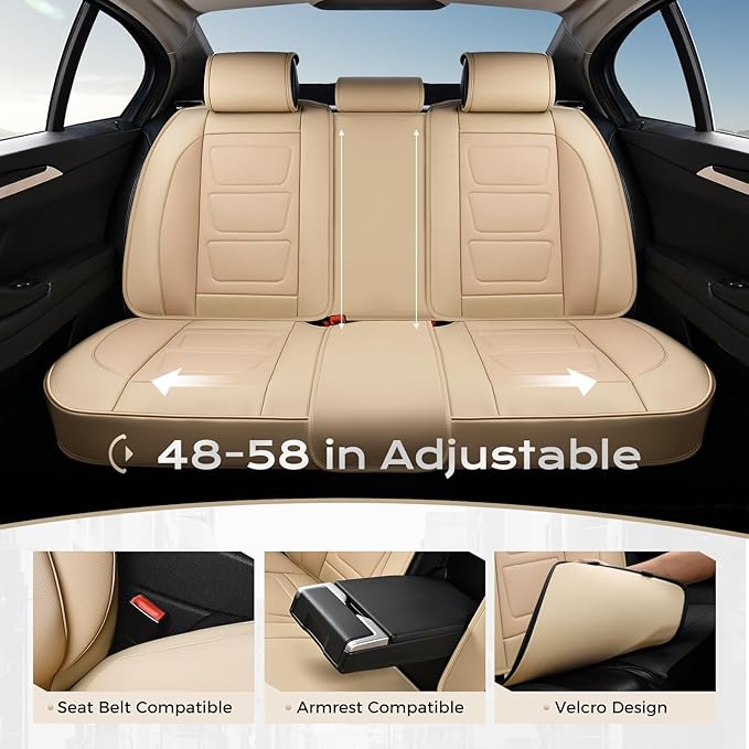Coverado Car Seat Covers Full Set, Seat Covers for Cars, Front Seat Covers and Back Seat Cover Waterproof Leather Automotive Seat Cover, Universal Car Interior Protectors Cushion for Most Cars Beige