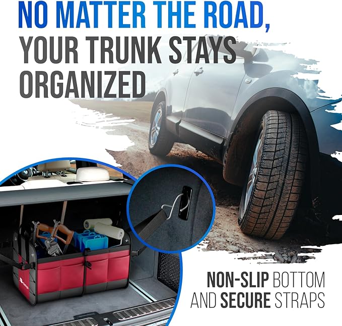 Car Trunk Organizer – Large Collapsible Storage Box with Adjustable Compartments – Heavy-Duty Cargo Organizer for SUV, Truck & Car – Non-Slip Waterproof Trunk Storage Bin for Groceries & Tools