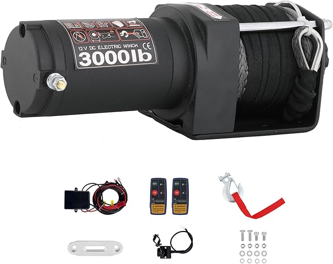 3000LBS Electric Winchs Synthetic Rope Electric Winch 12V for Towing ATV/UTV Off Road with Mounting Bracket Wireless Remote, Black