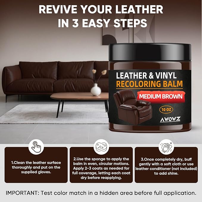 Leather Recoloring Balm - Scratch Repair & Color Restore Kit for Faded Leather, Leather Couch & Car Seats - 10OZ Leather Restorer Balm for Furniture, Auto Interior, Vinyl, Accessories (Medium Brown)