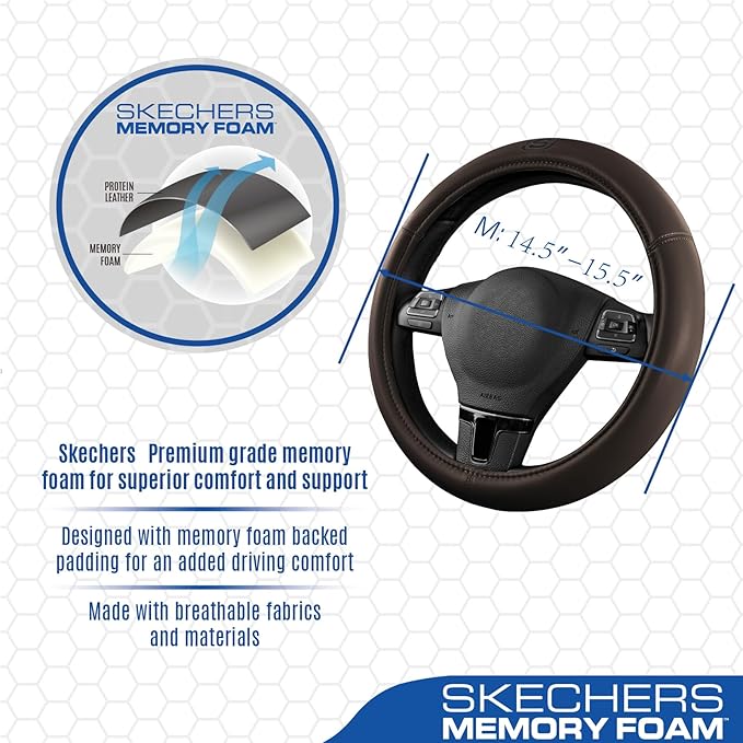 Skechers Memory Foam Steering Wheel Cover,Grade Protein Leather Steering Wheel Cover,Universal Anti-Slip Fit 14" 1/2-15" Car Wheel Cover for Men Women Fit Suvs,Vans,Sedans,Car,Trucks,Brown