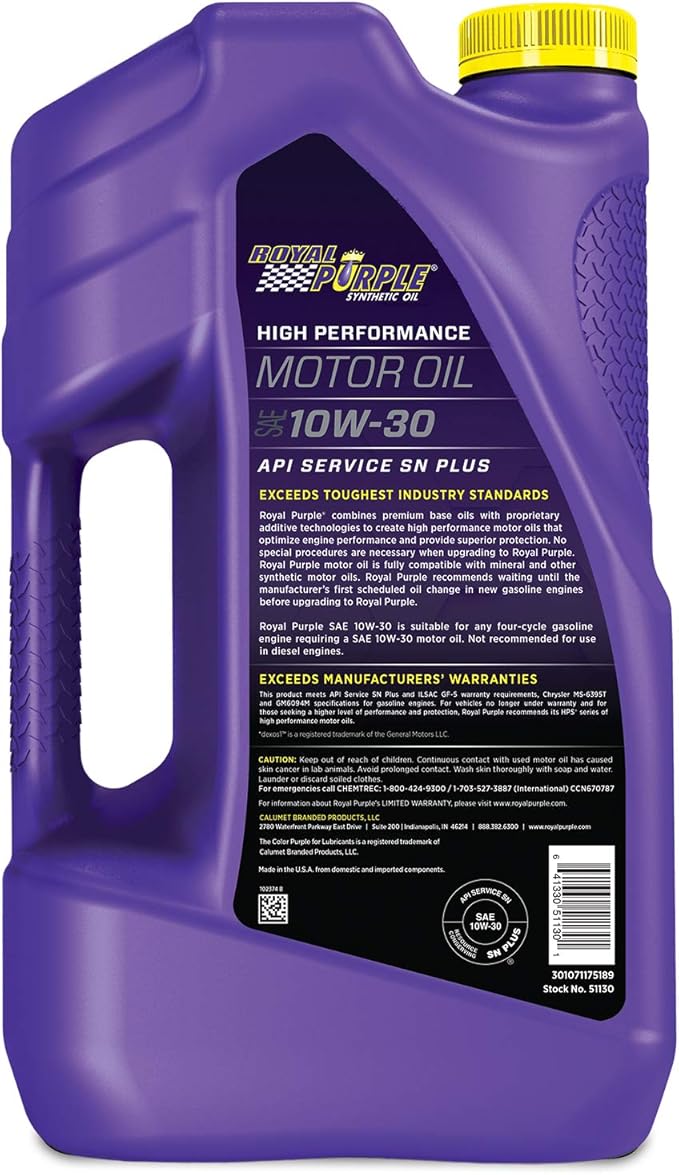 Royal Purple 51130 API-Licensed SAE 10W-30 High Performance Synthetic Motor Oil - 5 qt., Model:ROY51130