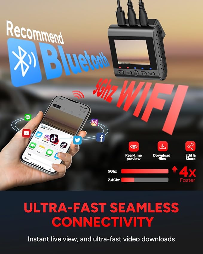 SJCAM M60 3 Channel Dash Cam Front and Rear Interior with Fast Bluetooth Connection, Equipped with STARVIS 2 HDR, Dashcam Front and Rear Camera, Built-in GPS/WiFi/Bluetooth, WDR Night Vision, 3CH