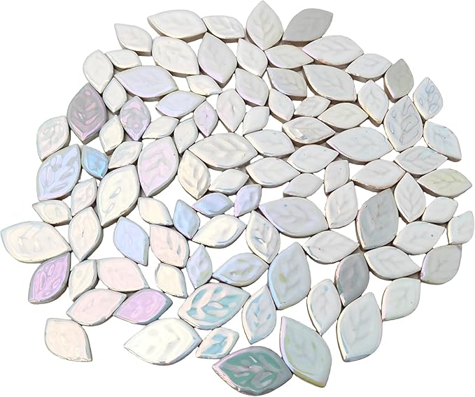 1.1LB Iridescent Leaves Ceramics Mosaic Tiles,Making Creative 3 Size Ceramic Mosaic Pieces for DIY Craft,Flowerpots,Vases,Cups,Garden Decor Mosaic Making Supplies (Iridescent White)