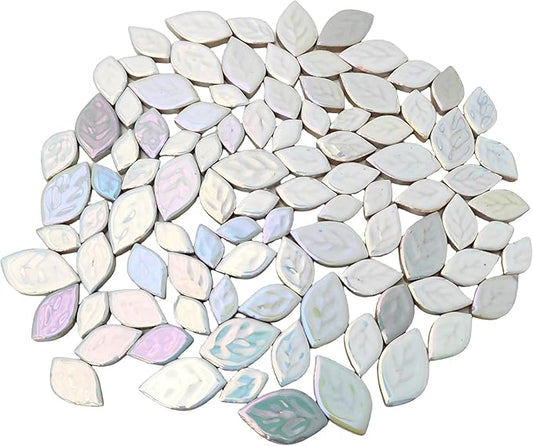 1.1LB Iridescent Leaves Ceramics Mosaic Tiles,Making Creative 3 Size Ceramic Mosaic Pieces for DIY Craft,Flowerpots,Vases,Cups,Garden Decor Mosaic Making Supplies (Iridescent White)
