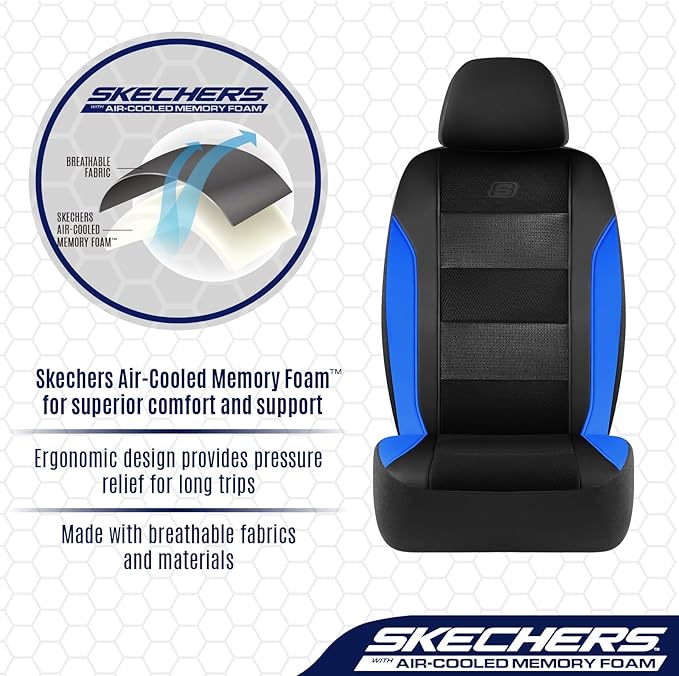 Skechers Aircooled & Memory Foam Seat Covers,Premium Leather with EVA Mesh Car Seat Covers,Seat Cover Full Sets,Airbag Compatible Automotive Comfort for Most Cars, Vans, Trucks, SUV,Blue