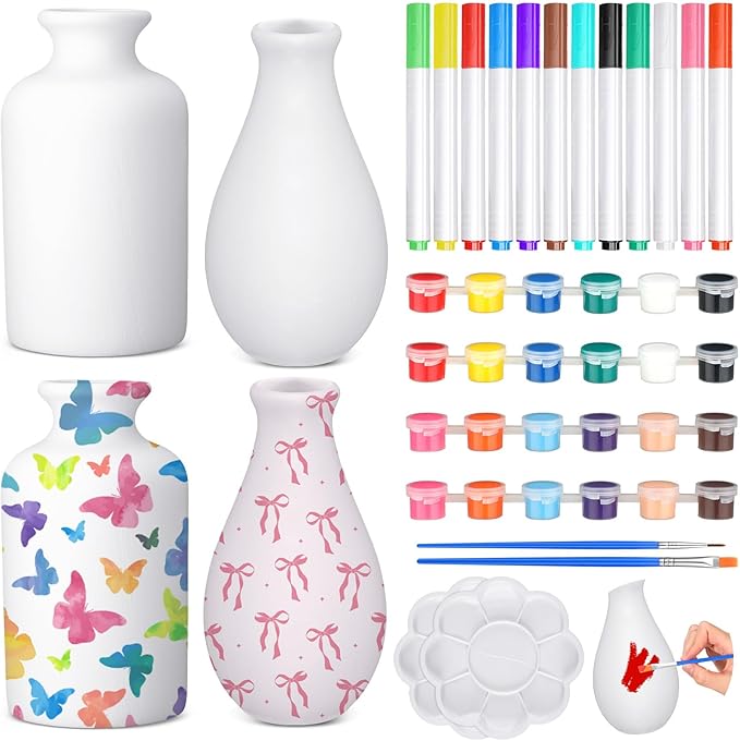 Singhoow 4 Set Paint Your Own Porcelain Paint Vase Art Project White Ceramic Painting Kit for Adults Porcelain Vase Decorating Kit with Christmas Holiday Supplies DIY(Charming)