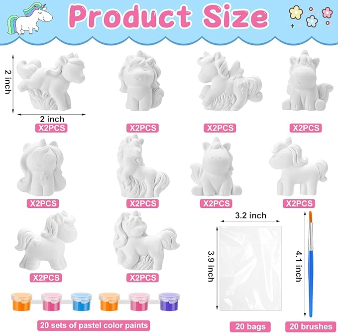 Simgoing 20 Set Dinosaur Unicorn Mermaid Donut Jungle Animal DIY Painting Kit Pumpkin Snowman Ceramic Paint Your Own Figurines Unpainted Plaster Craft for Party Favor(Unicorn)