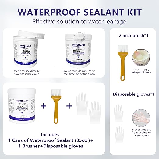 Waterproof Sealant 35oz Clear, BingoPaint Transparent Waterproof Coating Clear Sealant Water-Based Invisible Agent Roofs, Walls, Garden, Terraces Indoor & Outdoor