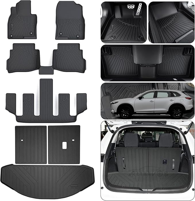 Floor Mats & Trunk Mat & Backrest Mat (Only Fit Sport Version) for 2016-2022 2023 Mazda CX-9 CX9 (6 Seats-2 Row Bucket Seat),TPE All Weather Protection Floor Liners & Cargo Liners
