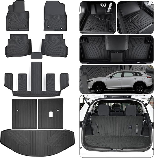 Floor Mats & Trunk Mat & Backrest Mat (Only Fit Sport Version) for 2016-2022 2023 Mazda CX-9 CX9 (6 Seats-2 Row Bucket Seat),TPE All Weather Protection Floor Liners & Cargo Liners