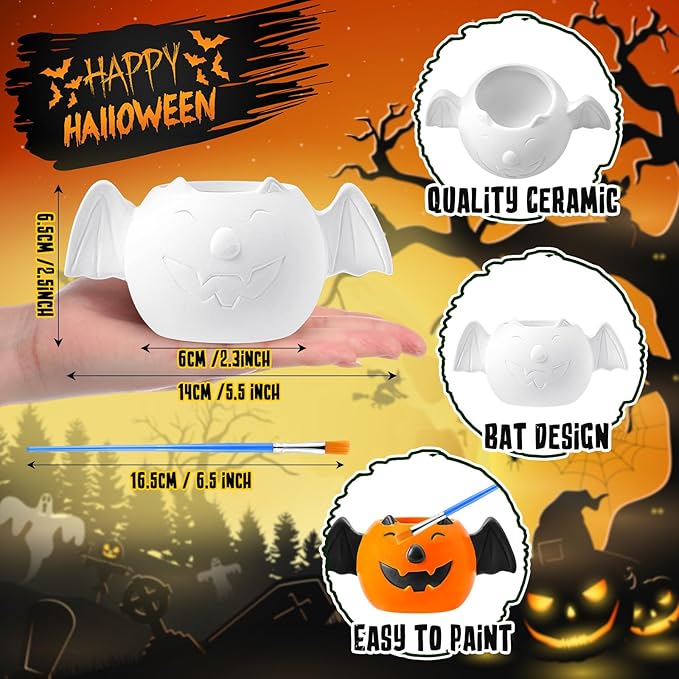 Pasimy 6 Set DIY Ceramic Succulent Planter Pots Paint Your Own Flower Pots Craft Kit Unpainted Bisque Paintable Flowerpot with Brush Palette Ready to Paint for Family Activity Gift (Bat)