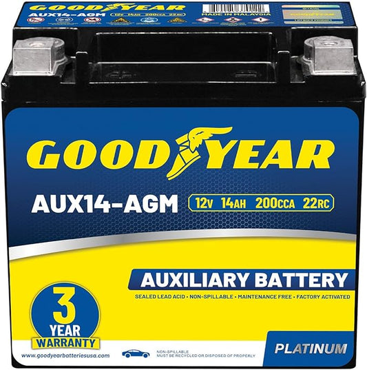 Goodyear AUX14-AGM BCI Group Size 400 12V 14 AH, 22RC, 200 CCA Platinum series Rechargeable AGM Maintenance Free Auxiliary Battery