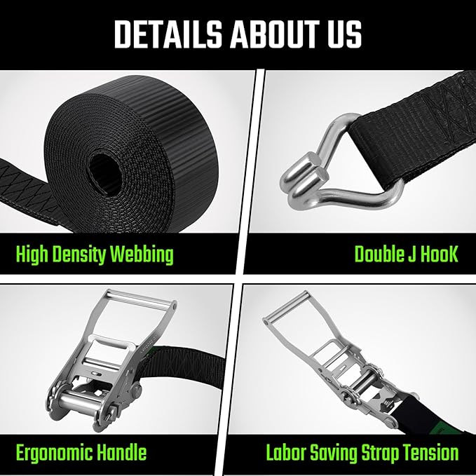 2" x20' Ratchet Straps with J Hooks - 10,000lb Break Strength/ 3,333lb Load Capacity Ratchet Tie Down Strap - Black Ratchet Straps Heavy Duty - Cargo Straps for Truck, Lawn Equipment, Car Roof-4 Pack