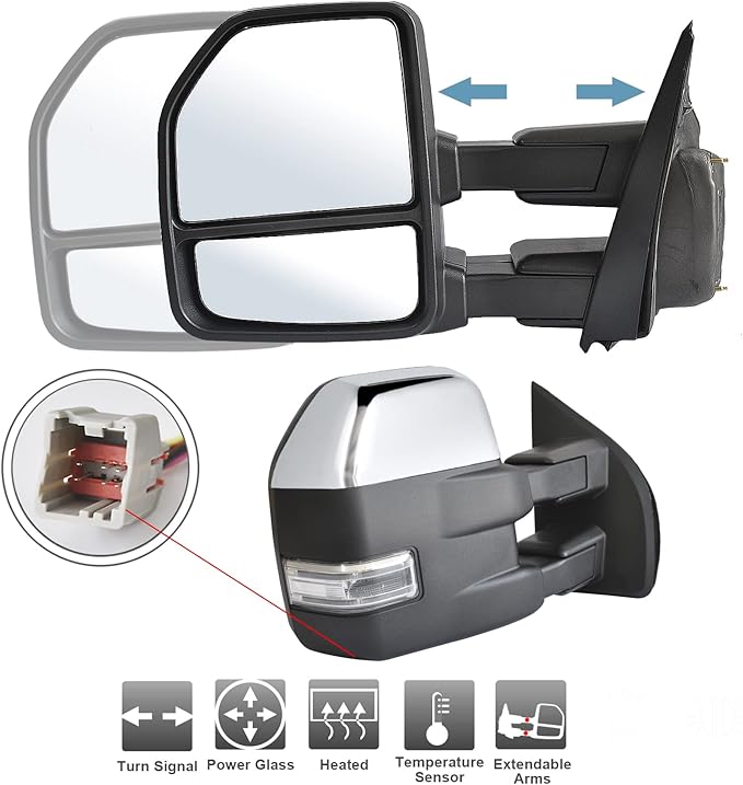 ReYee Towing Mirrors fit for 2015 2016 2017 2018 2019 2020 Ford F150 Pickup Truck with Power Heated Turn Signal Light Temperature Sensor Chrome Cap 8 Pin Plug tow mirrors