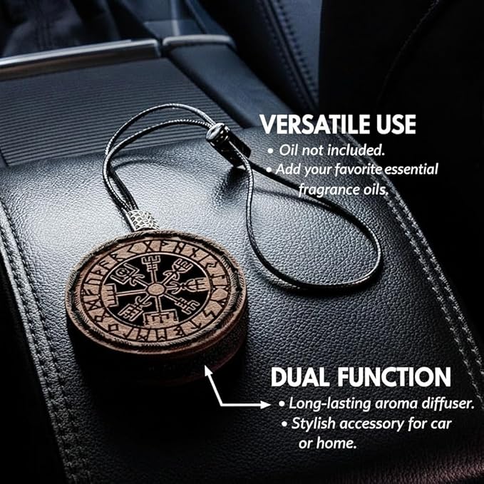 Wood Car Air Freshener — Vegvisir Handmade Unscented DIY Essential Oil Hanging Diffuser with Felt Insert — Add Your Own Oils — Refillable — Car/Truck/SUV — Cardboard Box