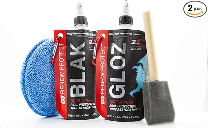 RENEW PROTECT - BLAK+GLOZ, Super Shine Combo - Acrylic Ceramic-Hybrid Protectant, Tire & Trim Restorer, Gloss to Mirror-Shine, RVs- Golf Cart- and Motorcycle-Safe, Wash-Proof, 5 min Dry-Seal 6.8oz