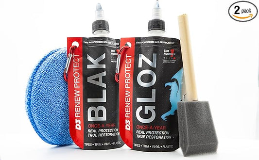 RENEW PROTECT - BLAK+GLOZ, Super Shine Combo - Acrylic Ceramic-Hybrid Protectant, Tire & Trim Restorer, Gloss to Mirror-Shine, RVs- Golf Cart- and Motorcycle-Safe, Wash-Proof, 5 min Dry-Seal 6.8oz