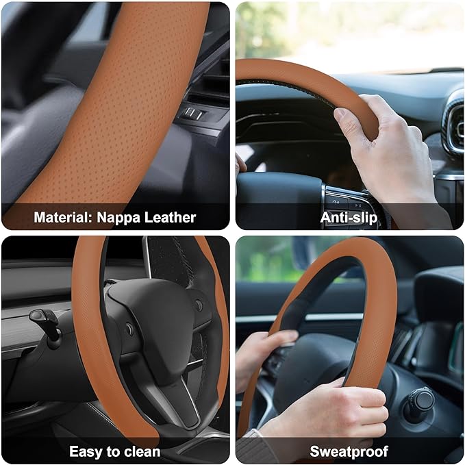 frani Nappa Leather Steering Wheel Cover, Universal 15 Inch Premium Non-Slip Steering Wheel Cover Camel Brown