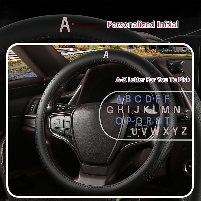 Genuine Leather Steering Wheel Cover for Men Women with Upgraded Silicone Inner Ring, Non-Slip, Breathable, Odorless, Universal 14.5-15 Inch (Pink O, Microfiber Nappa Leather)