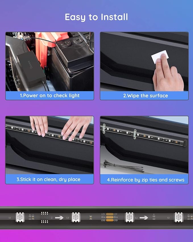 Govee Underglow Car Lights, 4pcs RGBIC Smart LED Lights for Cars with 16 Million Colors and 10 Scene Modes, App Control, Neon Accent Strip Lights for SUVs, Trucks, DC 12-24V