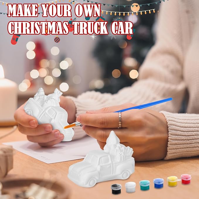 JellyArch 6 Set Christmas DIY Painting Kit Ceramic 3D Ceramic Truck to Paint Your Own Truck with Snowman Reindeer Claus Statues Unpainted Plaster Craft with Brush Paint Bag for Adult