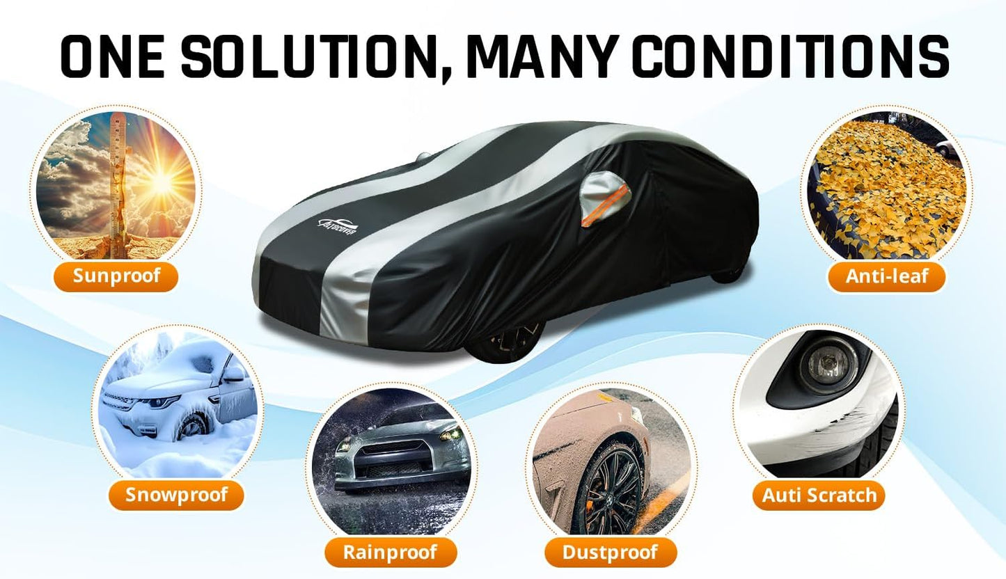 Large Car Covers Waterproof for All Weather Protection with Silver Stripe Design, Car Cover for Automobiles Universal Fit Cadillac Deville, Lincoln Continental Town, Ford Crown Victoria