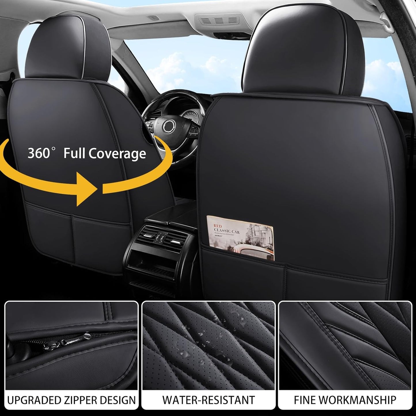 WELLDO Car Seat Covers Front Seats, Leather Seat Covers for Cars, Front Car Seat Protector Waterproof, Non-Slip Car Interior Covers Universal Automotive Seat Covers for Most Vehicle, Black