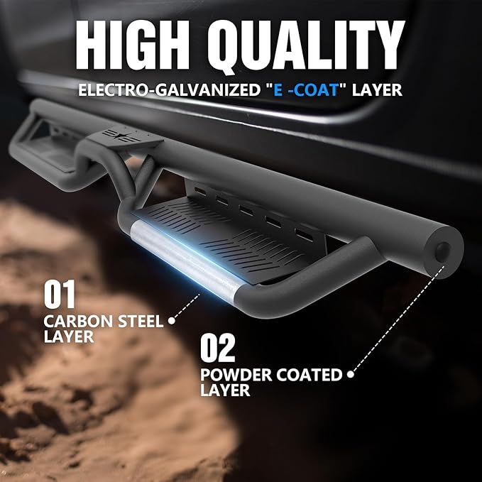 Double Cab Running Boards Side Steps Compatible with 2007-2021 Toyota Tundra Extended Cab (2 Half-Size Rear Doors), Bolt-on Nerf Bar Step Rails, Two Stairs Design (Black Steel, Star Logo)