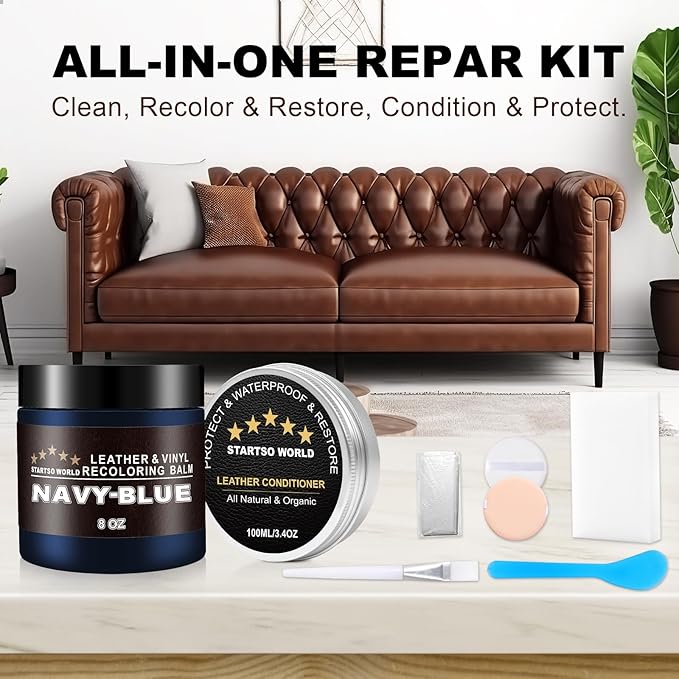 STARTSO WORLD 200Ml Leather Recoloring Balm with 100ML Leather Conditioner, Navy Blue Leather Repair Kit for Furniture, Leather Dye, Leather Scratch Repair, Leather Couch Paint