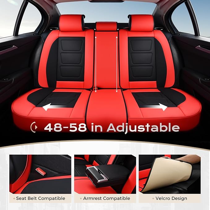 Coverado Car Seat Covers Full Set, Seat Covers for Cars, Front Seat Covers and Back Seat Cover Waterproof Leather Automotive Seat Cover, Universal Car Interior Protectors Cushion for Most Cars Red