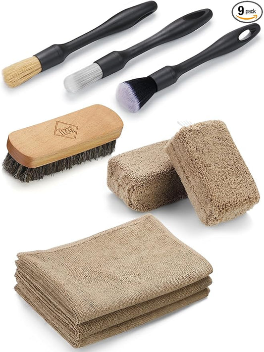 Fantasticlean 9PCS Car Interior Detailing Set, Microfiber Cloth & Applicator, Single-Head Detailing Brushes, Natural Bristles, Scratch-Free & Ultra-Soft for Seats Leather Care or Cleaning