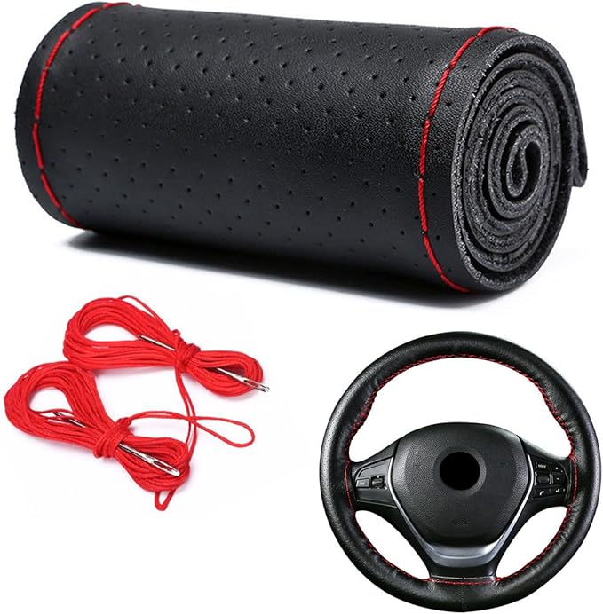 DEEYOTA Car Steering Wheel Cover Universal Fit Round Stitch Steering Wheel Wrap Thin PU Leather Steering Wheel Cover Sewn on 15" Car Wheel (Black)