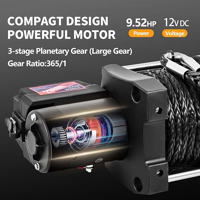 CXRCY 12V Electric Winch,20000LBS Load Capacity Synthetic Rope Towing Winches for Jeep Truck SUV,with Wired Handle and Wireless Remote