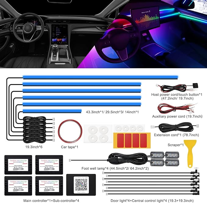 Acrylic Interior Car LED Strip Light with Wireless APP, RGB 18 in 1 with 175 inches 593 LEDs Fiber Optic Ambient Lighting Kits, 16 Million Colors Sound Active Function Car Neon Lights