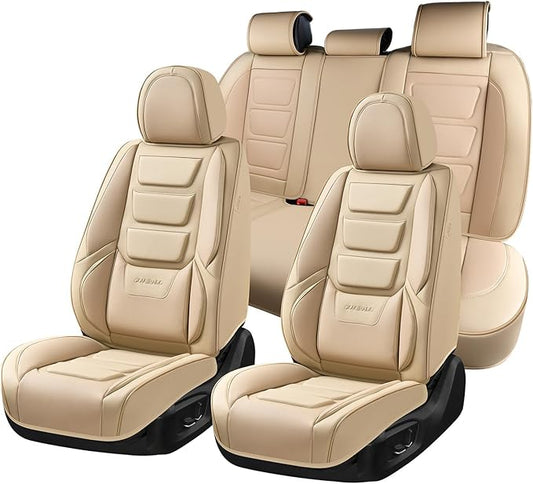 Coverado Car Seat Covers Full Set, Seat Covers for Cars, Front Seat Covers and Back Seat Cover Waterproof Leather Automotive Seat Cover, Universal Car Interior Protectors Cushion for Most Cars Beige