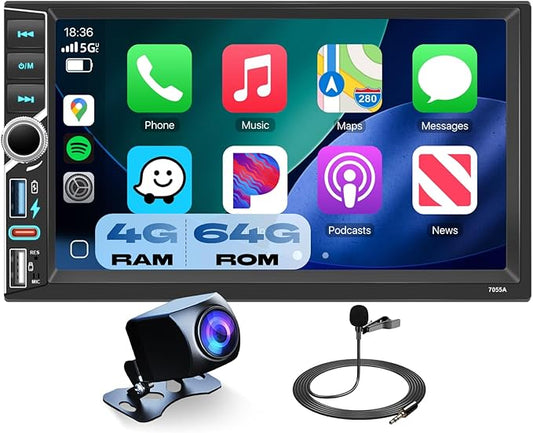 2 DIN Car Stereo Wireless CarPlay Android Auto, 7-INCH IPS Touch Screen Head Unit Android System [4+64GB] Double Din Car Radio BT5.0, WiFi, EQ, USB-C Backup Camera